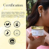 Product container held by a person with certification logos on a yellow background