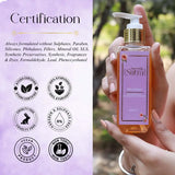 Hand holding a bottle of 'Nitya Sutra' product with certification logos on a purple background