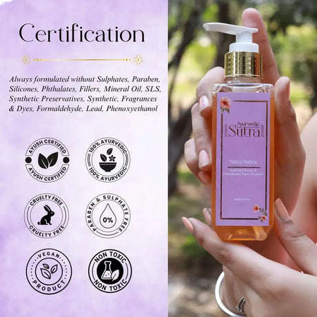 Hand holding a bottle of 'Nitya Sutra' product with certification logos on a purple background