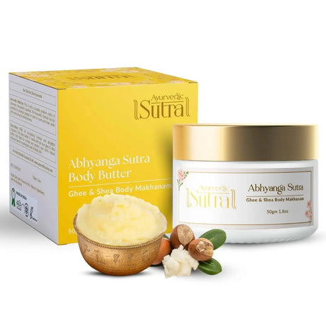 Abhyanga Sutra body butter with packaging on a white background