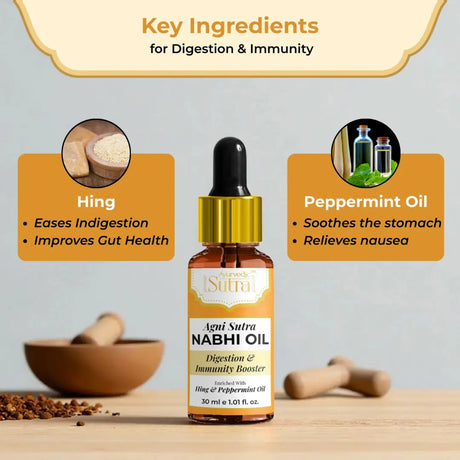 A bottle of Agni Sutra Nabhi Oil with key ingredients for digestion and immunity on a wooden surface.
