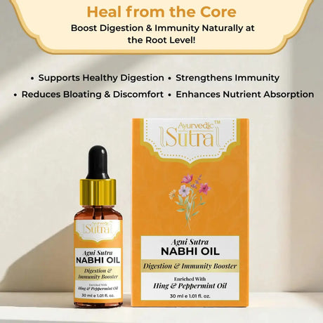 Agni Sutra Nabhi Oil bottle and packaging on a light background with promotional text.