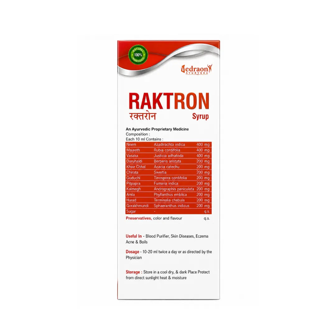 Raktron syrup packaging with red and white design on a white background