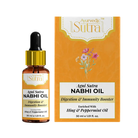 Agni Sutra Nabhi Oil bottle and packaging on a white background