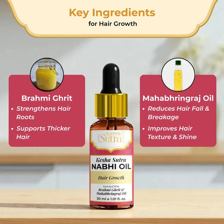 Kesha Sutra Nabhi Oil bottle with key ingredients