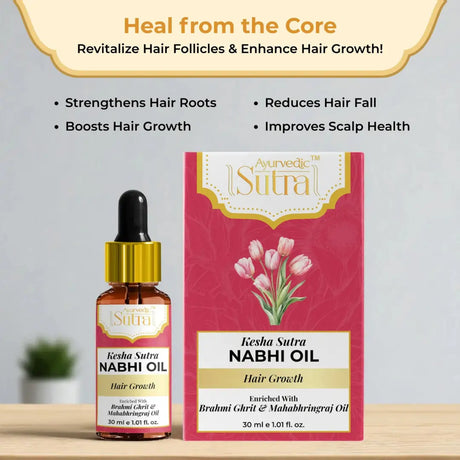 Kesha Sutra Nabhi Oil packaging with dropper on a wooden surface
