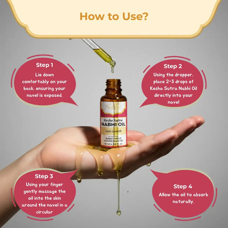 Kesha Sutra Nabhi Oil bottle with usage instructions on a gray background