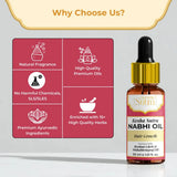 Kesha Sutra Nabhi Oil bottle with features on a red background