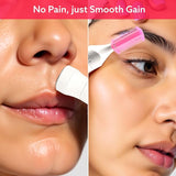 Product being used on a person's nose and eyebrow with text 'No Pain, just Smooth Gain' on a pink background.