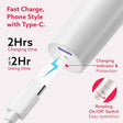 White electronic device with charging cable, text highlighting fast charging and features on a white background