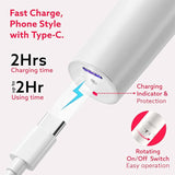 White electronic device with charging cable, text highlighting fast charging and features on a white background