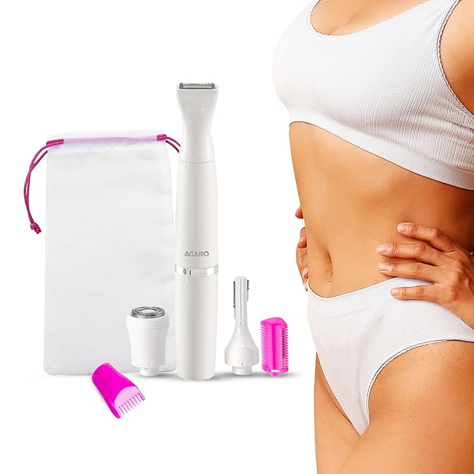 Body hair removal device with accessories on a white background