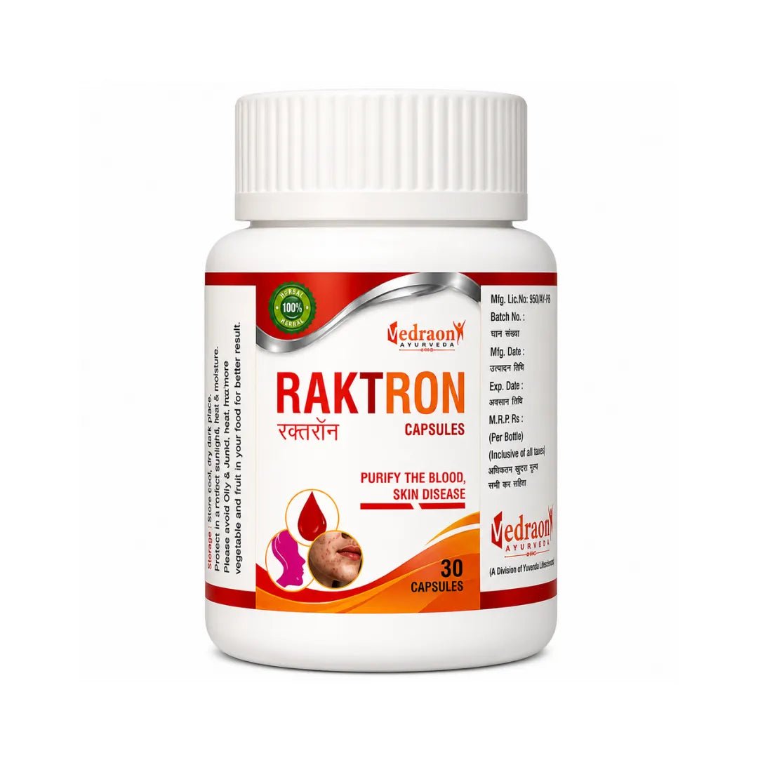 Bottle of Raktron capsules with a white background