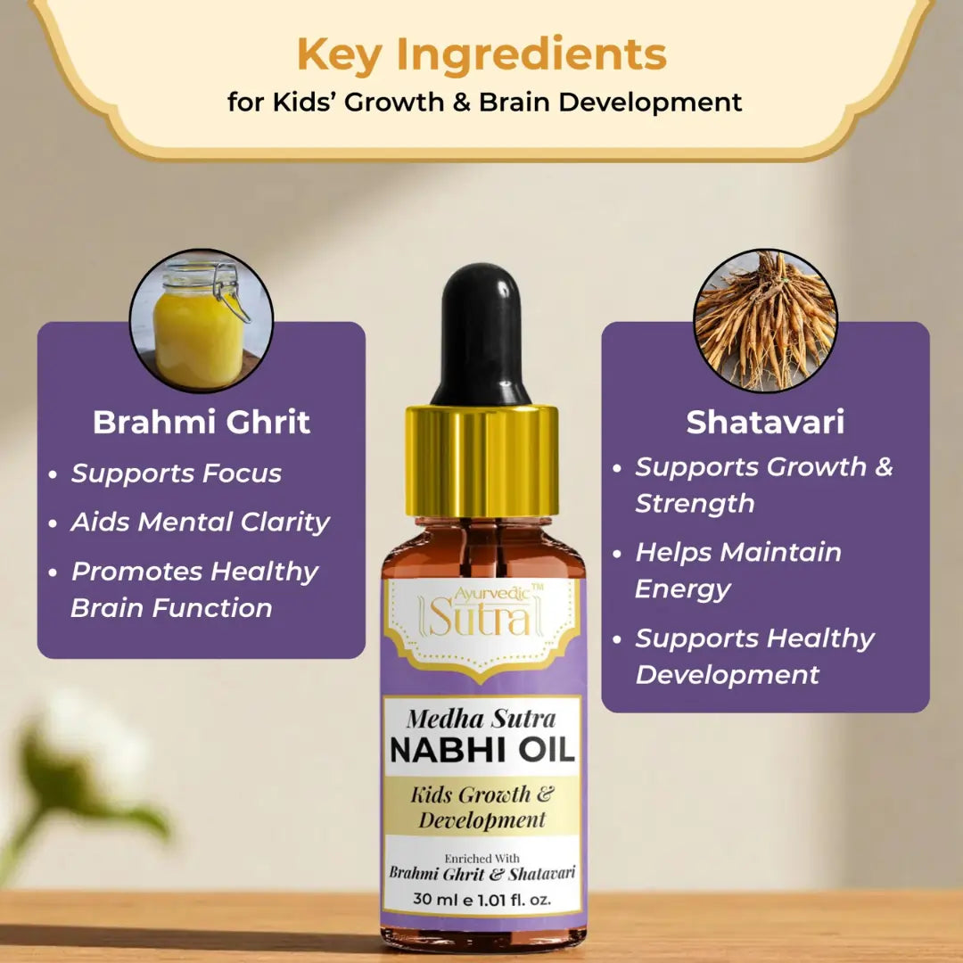 Medha Sutra Nabhi Oil bottle with key ingredients 