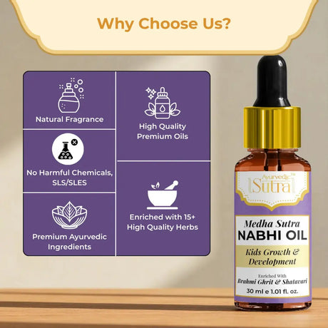 Medha Sutra Nabhi Oil bottle with features 