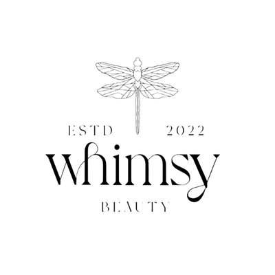 Logo of Whimsy Beauty with a dragonfly illustration on a white background