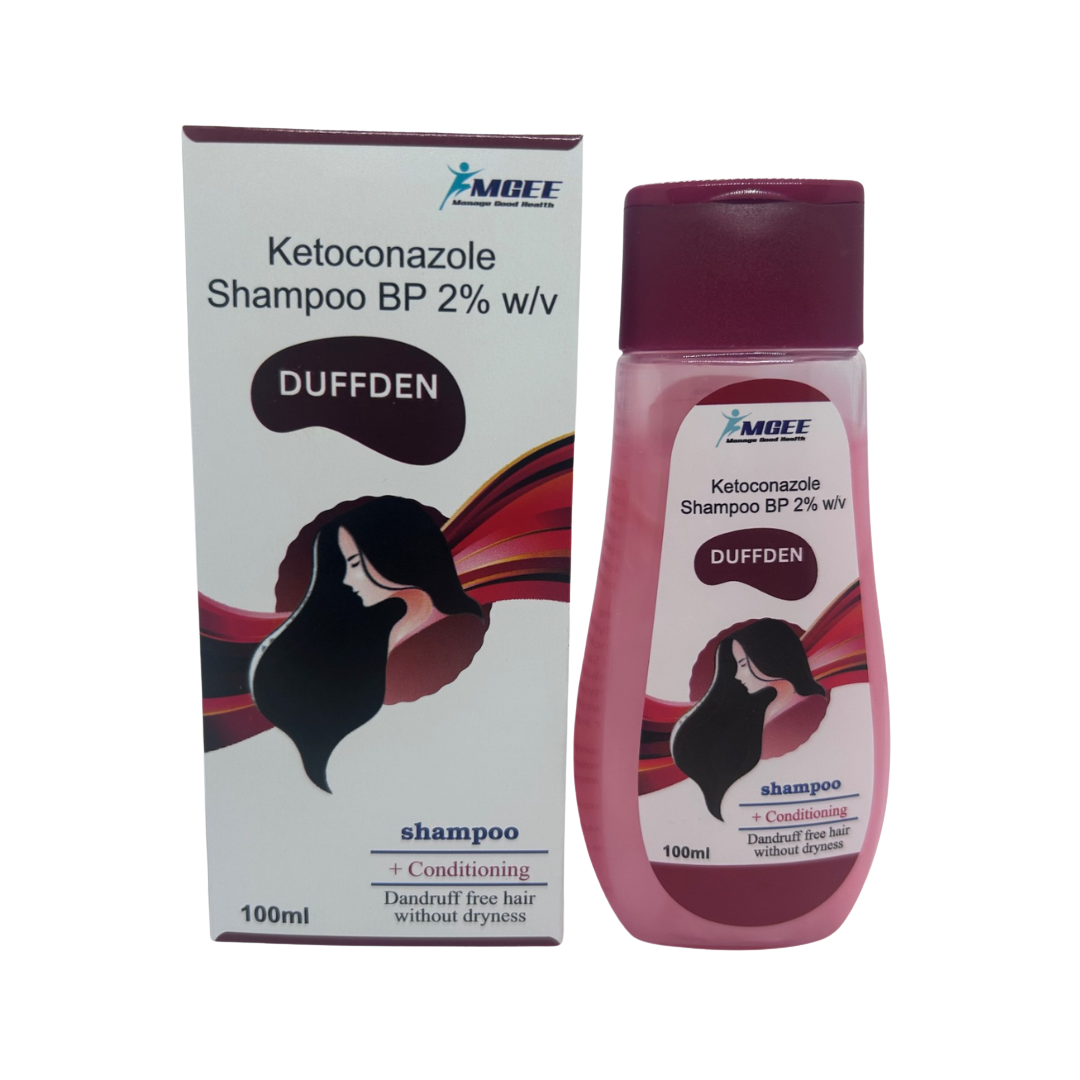 Ketoconazole shampoo with packaging on a white background
