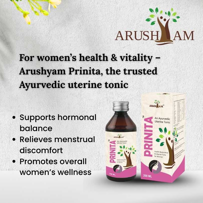 Arusham Prinita Ayurvedic tonic bottle and box with product details on a light background