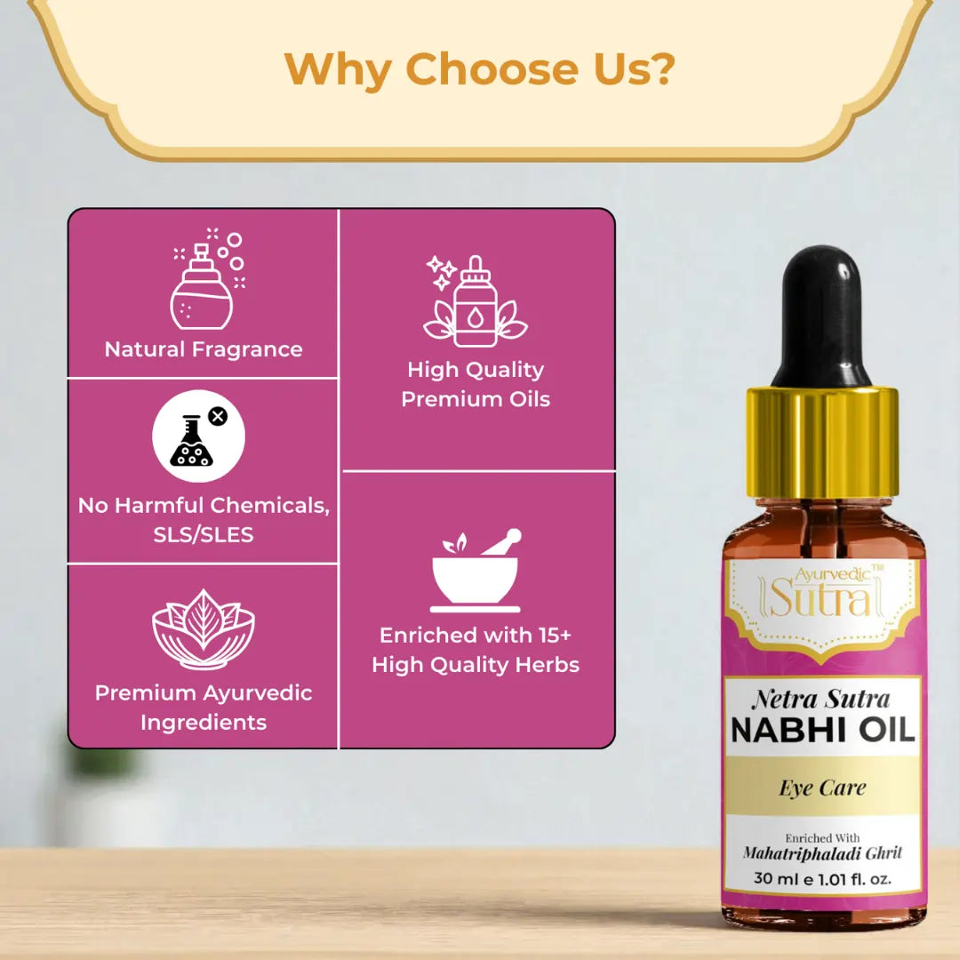 Netra Sutra Nabhi Oil bottle with features on a pink