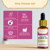 Netra Sutra Nabhi Oil bottle with features on a pink