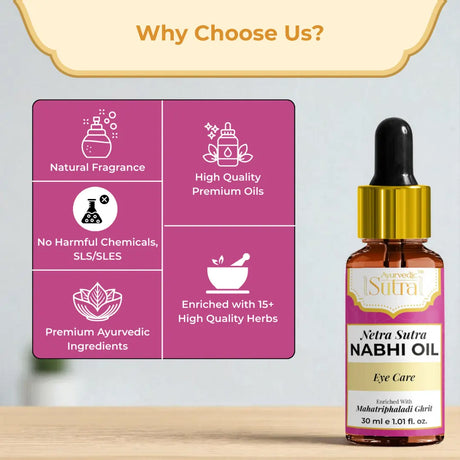 Netra Sutra Nabhi Oil bottle with features on a pink