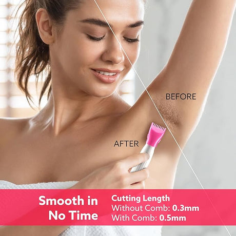 Woman using a hair removal product with 'Before' and 'After' comparison on a white background