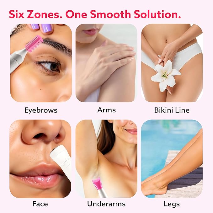 Product advertisement showing its use on various parts of the body with text 'Six Zones. One Smooth Solution.'
