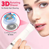 3D Rotating Shaver for body hair shaving with close-up of shaver head and woman using it.