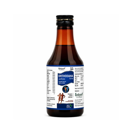 Bottle of OrthoDaha syrup with label on a white background