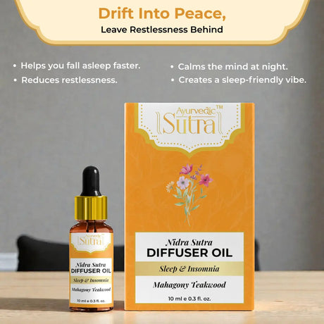 Nidra Sutra diffuser oil bottle and packaging on a wooden surface with a gray background.