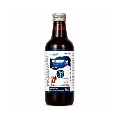 Bottle of Orthodaha syrup with a white label on a white background