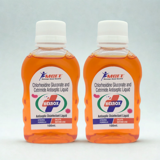 Two bottles of Hexnox antiseptic liquid on a light gray background