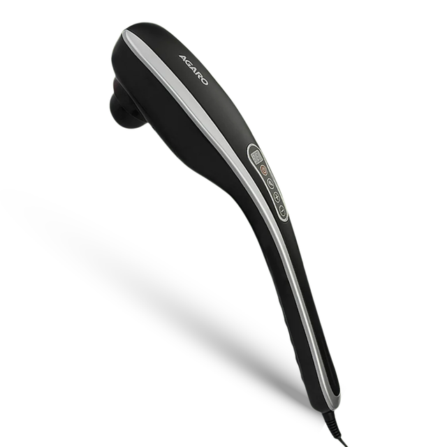 Black handheld massager with silver accents on a white background