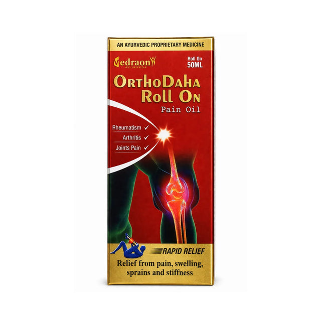 Box of OrthoDaha Roll On Pain Oil with a red background and images of a knee and foot.
