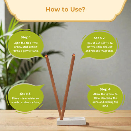 Aroma stick with holder and usage instructions on a wooden surface.