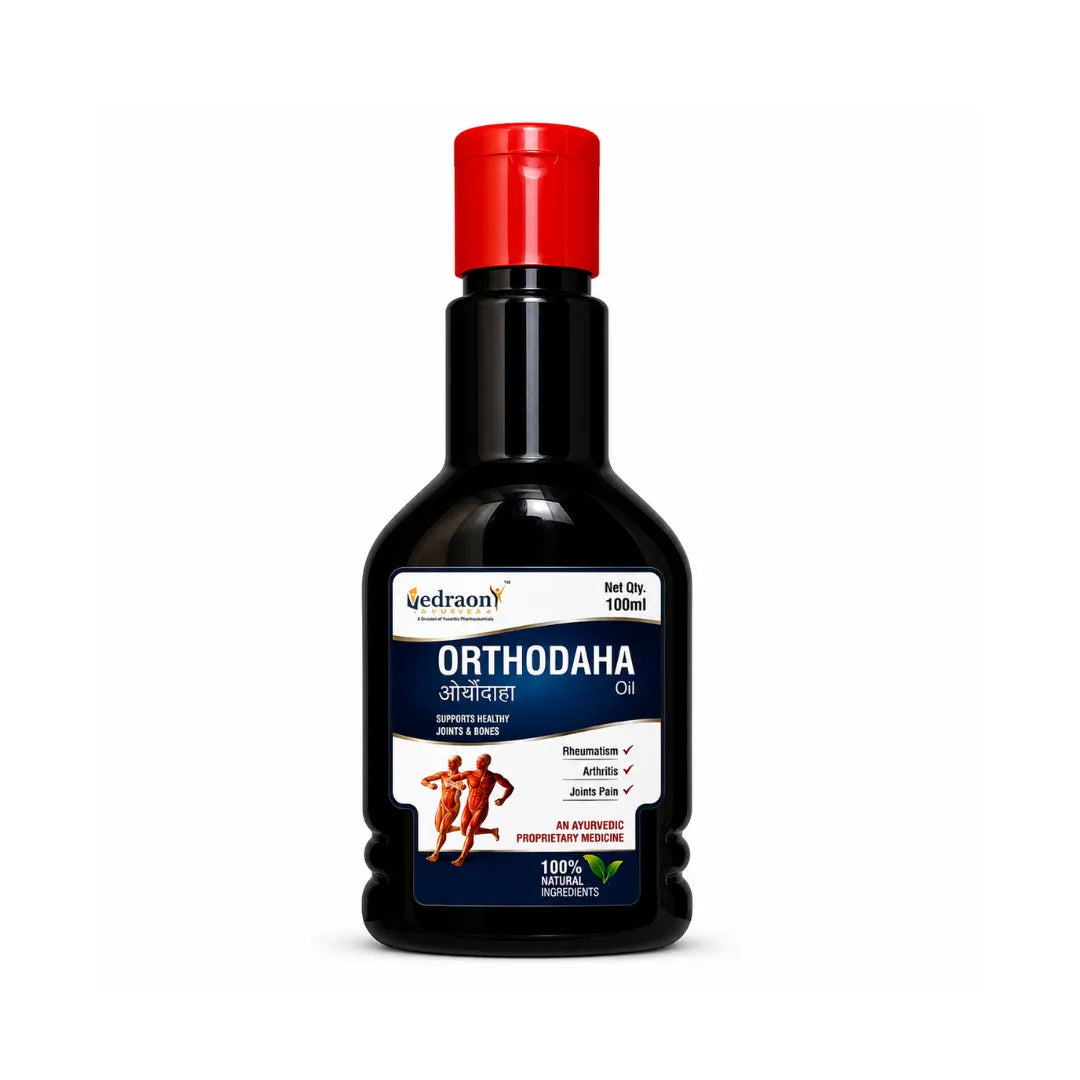 Bottle of Orthodaha oil with a red cap on a white background
