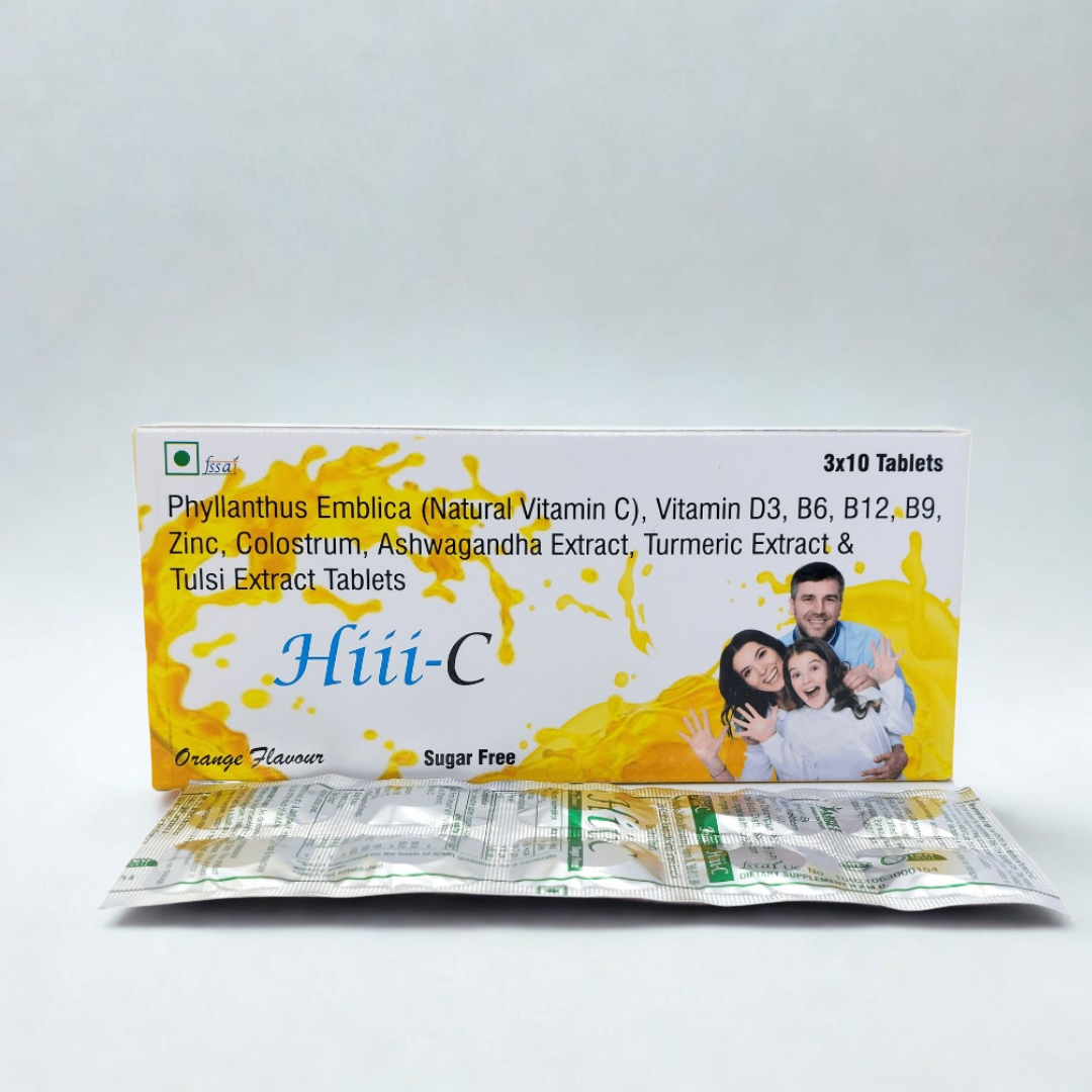 Box of Hiii-C tablets with a family photo on a white background