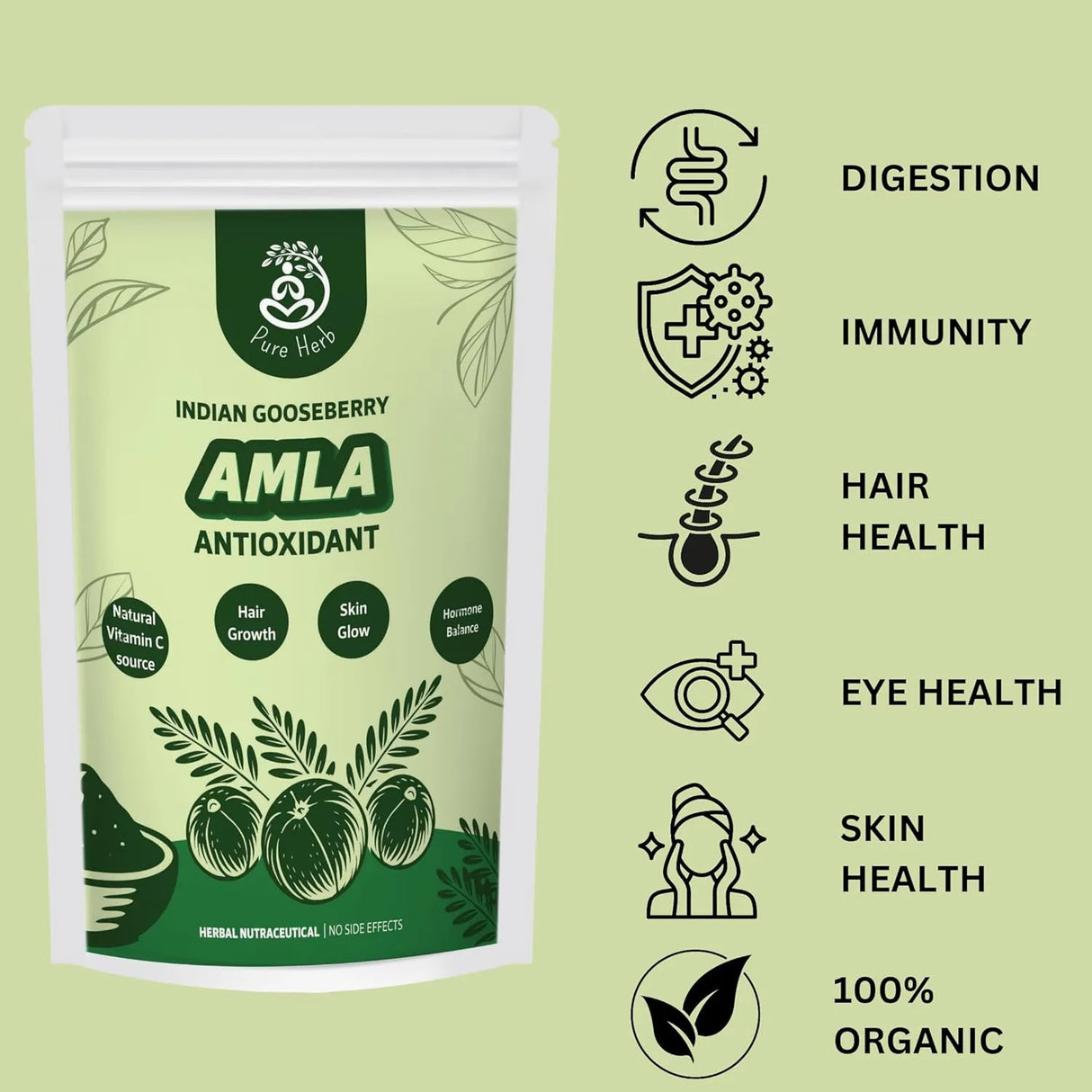 Pure Herb Organic Amla Powder – 100% Pure Indian Gooseberry for Hair, Skin Care & Immunity Support– 100g