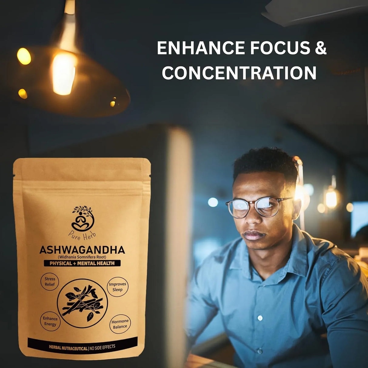 Pure Herb Premium Ashwagandha Powder with Natural Taste Booster Sachet – Withania Somnifera Root – Natural Stress Relief, Energy & Vitality Support – Ayurvedic Herbal Supplement
