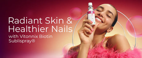 Woman holding a product with text about radiant skin and healthier nails on a pink background