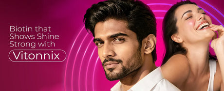 Advertisement featuring a man and woman with text about Vitonnix biotin on a pink background