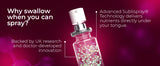 Product spray bottle with text about advanced sublingual technology on a purple background