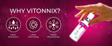 Promotional graphic for Vitonnix with a hand holding a bottle and icons indicating faster absorption, latest technology, and higher bioavailability.