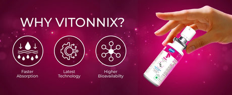 Promotional graphic for Vitonnix with a hand holding a bottle and icons indicating faster absorption, latest technology, and higher bioavailability.