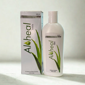 Aloe Heal lotion bottle and packaging on a light background