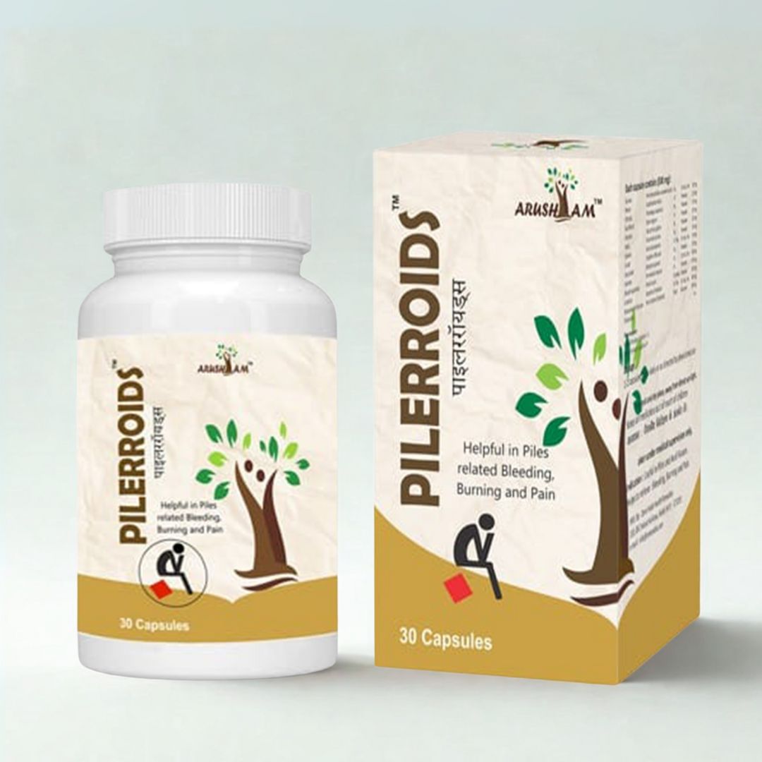 Pillerroids supplement bottle and packaging on a light gray background