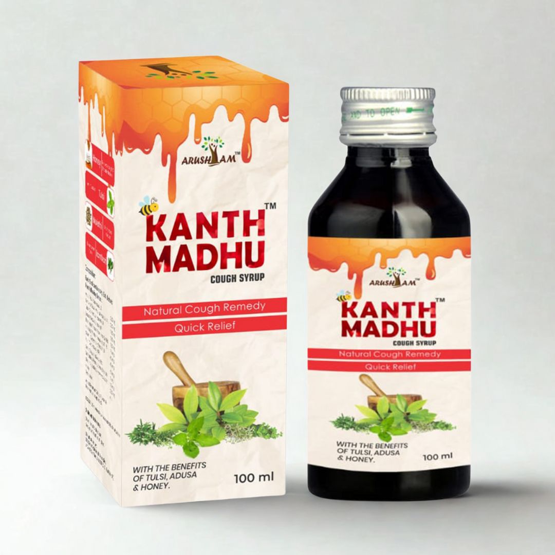 Kanth Madhu cough syrup packaging including box and bottle on a light gray background