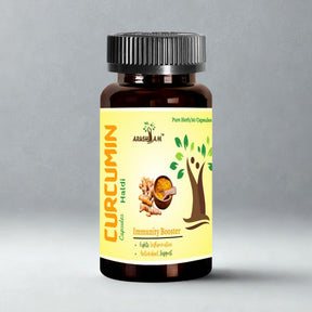 Bottle of Curcumin Hadi with a yellow label on a gray background