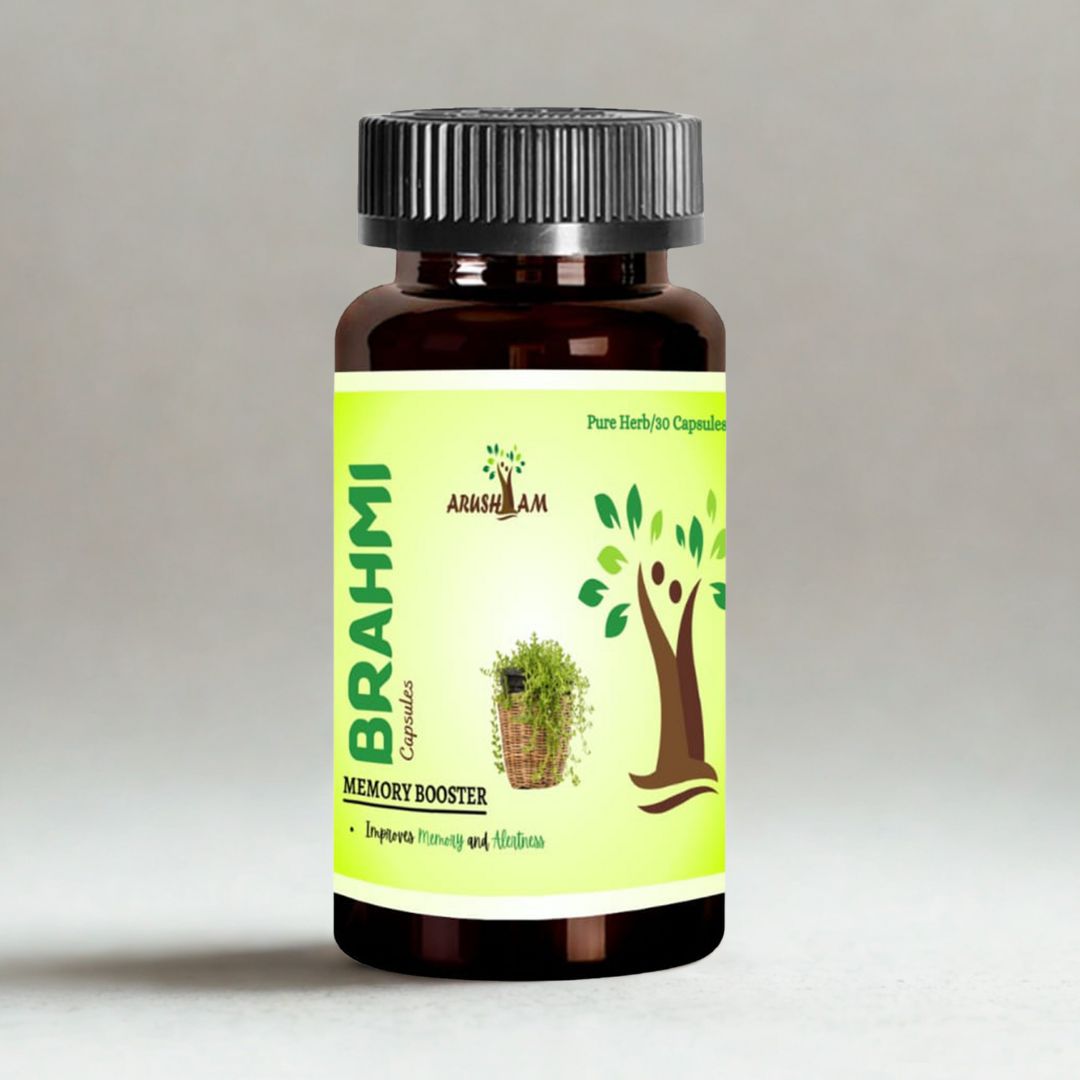 Bottle of Brahmi capsules with a green label on a gray background