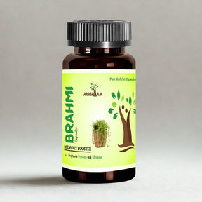 Bottle of Brahmi capsules with a green label on a gray background